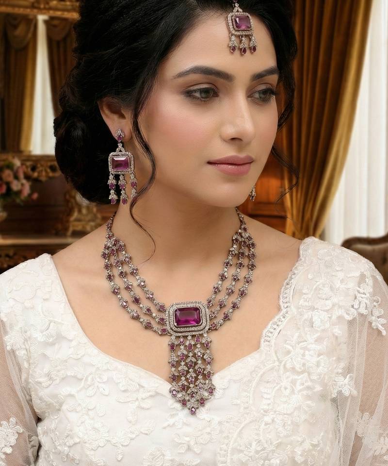 Purple yellow gold premium designer american diamond and stone work necklace set