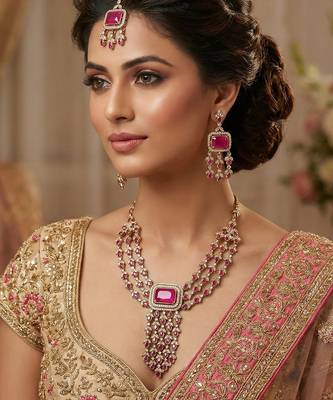 Pink yellow gold premium designer american diamond and stone work necklace set 1