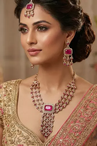 Pink yellow gold premium designer american diamond and stone work necklace set
