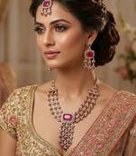 Pink yellow gold premium designer american diamond and stone work necklace set