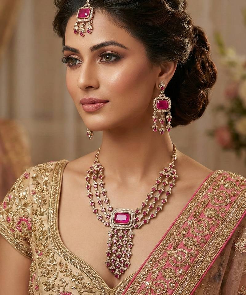Pink yellow gold premium designer american diamond and stone work necklace set