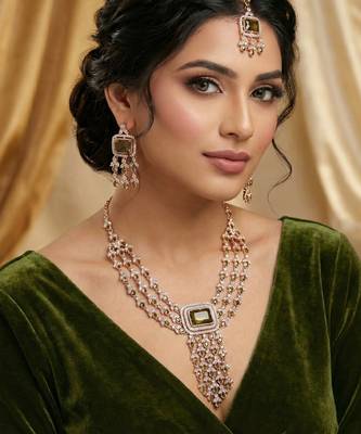 Green rose gold premium designer american diamond and stone work necklace set 1