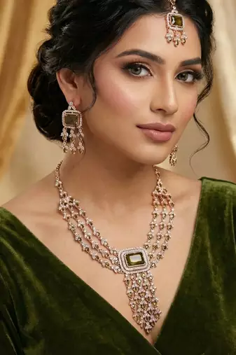 Green rose gold premium designer american diamond and stone work necklace set