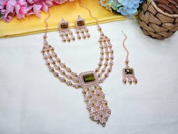 Green rose gold premium designer american diamond and stone work necklace set 2