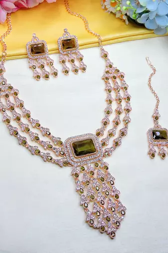 Green rose gold premium designer american diamond and stone work necklace set