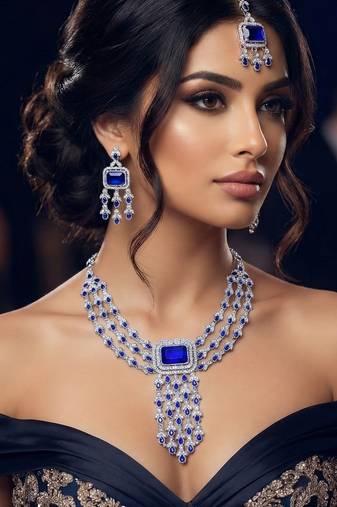 Blue rhodium premium designer american diamond and stone work necklace set