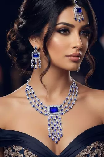 Blue rhodium premium designer american diamond and stone work necklace set
