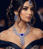 Blue rhodium premium designer american diamond and stone work necklace set