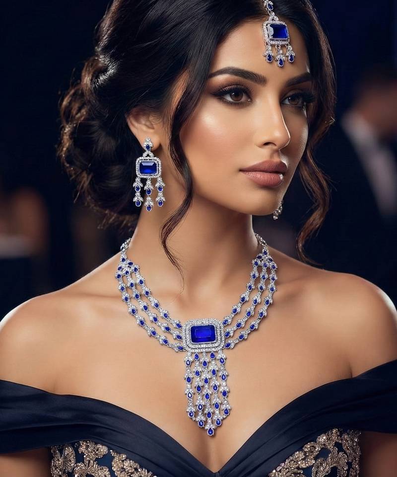 Blue rhodium premium designer american diamond and stone work necklace set
