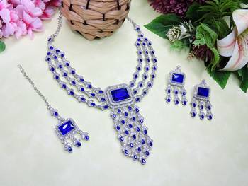 Blue rhodium premium designer american diamond and stone work necklace set 2