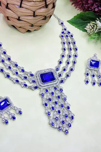 Blue rhodium premium designer american diamond and stone work necklace set