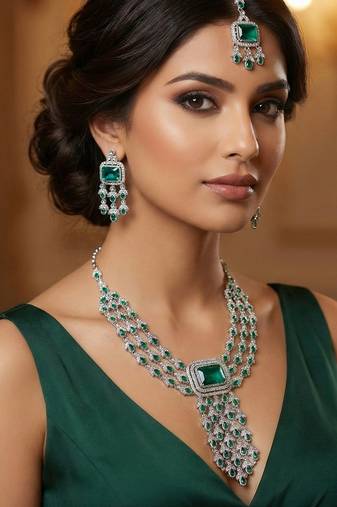 Green rhodium premium designer american diamond and stone work necklace set