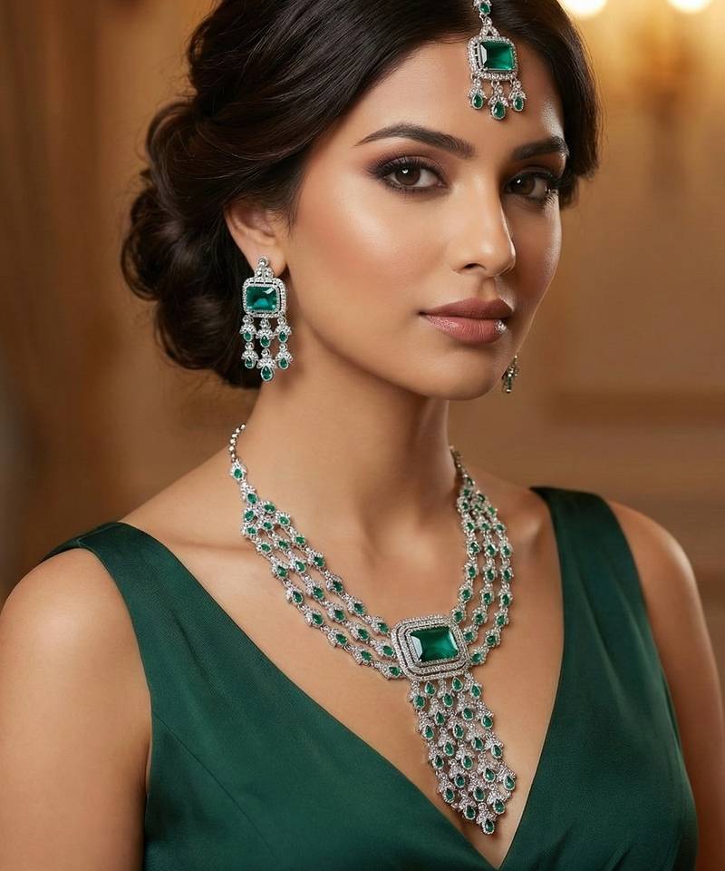 Green rhodium premium designer american diamond and stone work necklace set