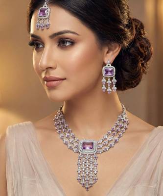 Purple rhodium premium designer american diamond and stone work necklace set 1