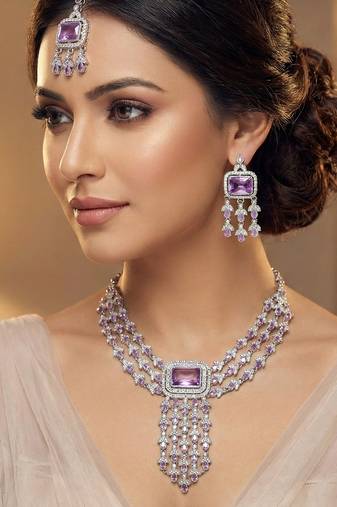 Purple rhodium premium designer american diamond and stone work necklace set