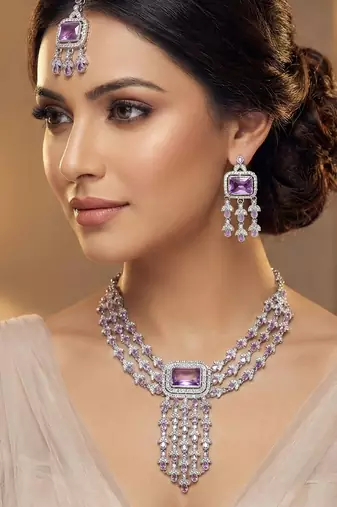 Purple rhodium premium designer american diamond and stone work necklace set