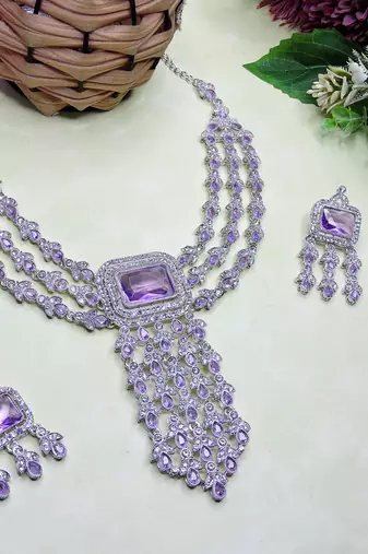 Purple rhodium premium designer american diamond and stone work necklace set