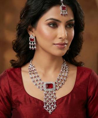 Maroon rhodium premium designer american diamond and stone work necklace set 1