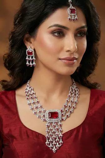 Maroon rhodium premium designer american diamond and stone work necklace set