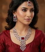 Maroon rhodium premium designer american diamond and stone work necklace set