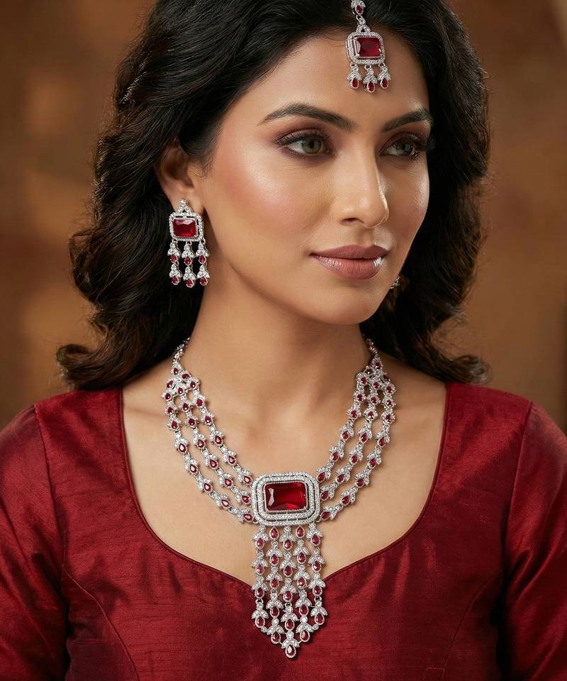 Maroon rhodium premium designer american diamond and stone work necklace set
