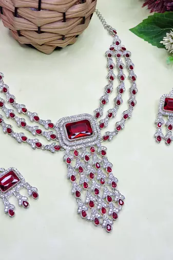 Maroon rhodium premium designer american diamond and stone work necklace set