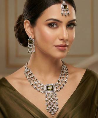 Green rhodium premium designer american diamond and stone work necklace set 1