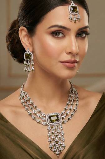 Green rhodium premium designer american diamond and stone work necklace set