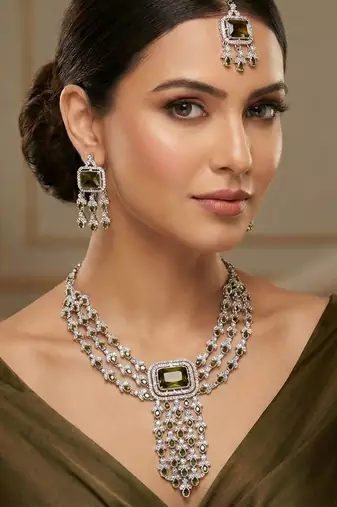 Green rhodium premium designer american diamond and stone work necklace set
