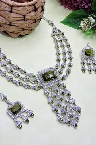 Green rhodium premium designer american diamond and stone work necklace set