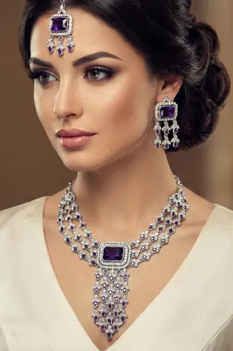 Blue rhodium premium designer american diamond and stone work necklace set