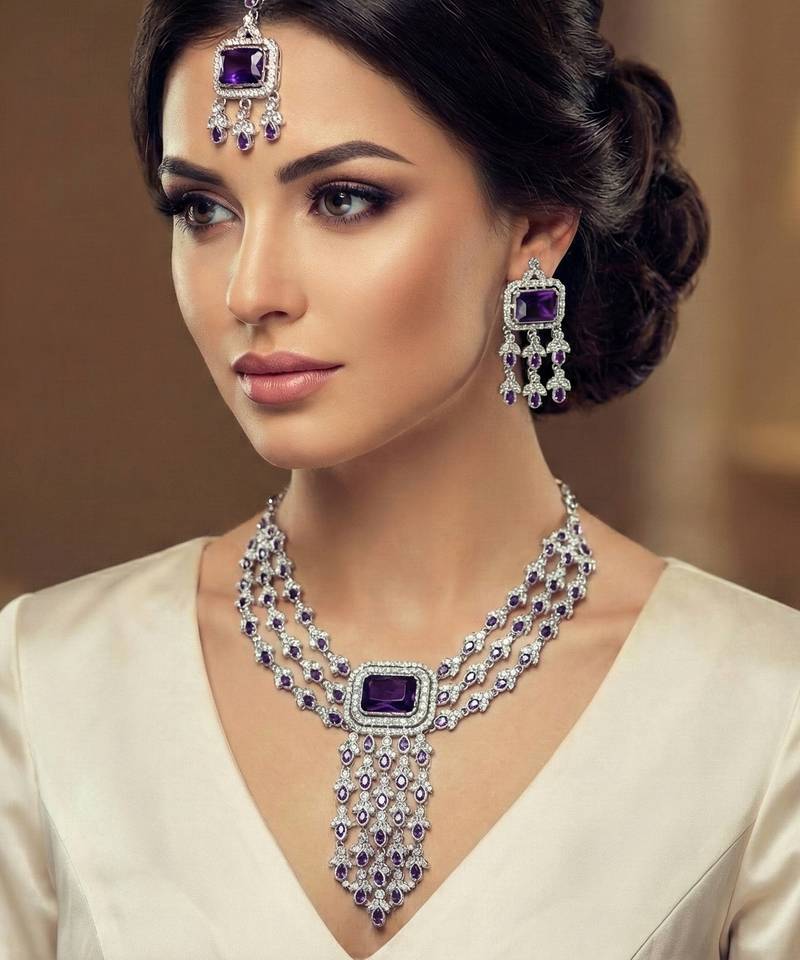Blue rhodium premium designer american diamond and stone work necklace set
