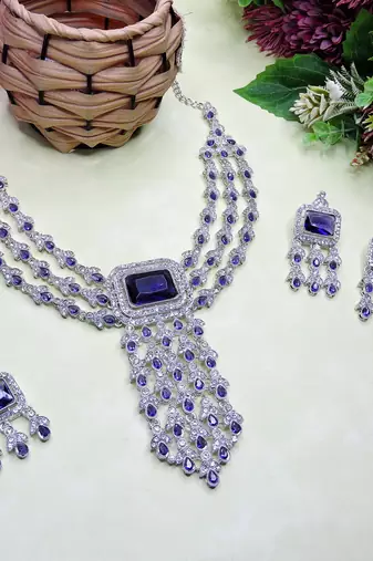 Blue rhodium premium designer american diamond and stone work necklace set