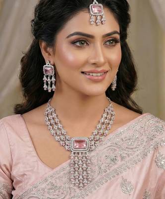 Pink rhodium premium designer american diamond and stone work necklace set 1