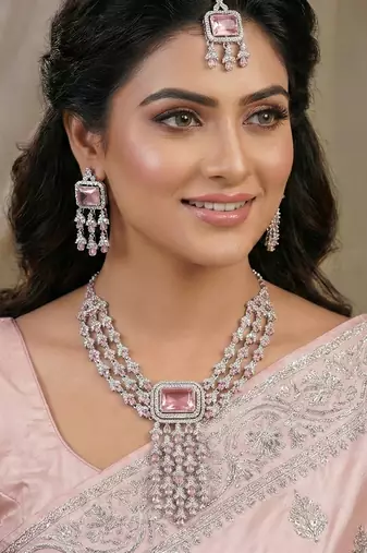 Pink rhodium premium designer american diamond and stone work necklace set