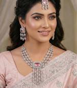Pink rhodium premium designer american diamond and stone work necklace set