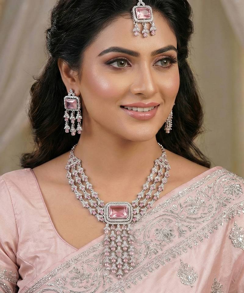 Pink rhodium premium designer american diamond and stone work necklace set