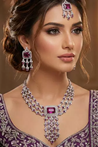 Purple rhodium premium designer american diamond and stone work necklace set