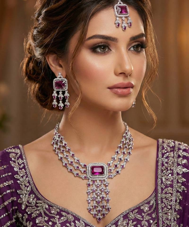 Purple rhodium premium designer american diamond and stone work necklace set