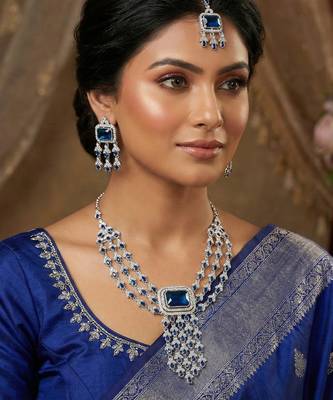 Blue rhodium premium designer american diamond and stone work necklace set 1