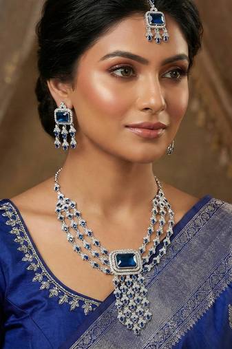 Blue rhodium premium designer american diamond and stone work necklace set