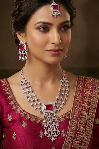 Pink rhodium premium designer american diamond and stone work necklace set