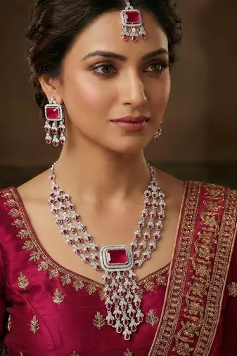 Pink rhodium premium designer american diamond and stone work necklace set