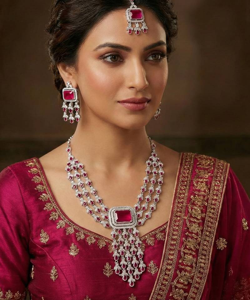 Pink rhodium premium designer american diamond and stone work necklace set