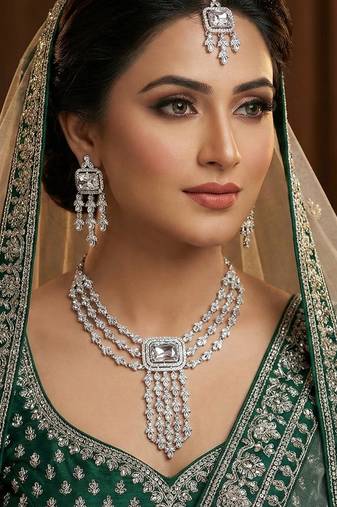 White rhodium premium designer american diamond and stone work necklace set