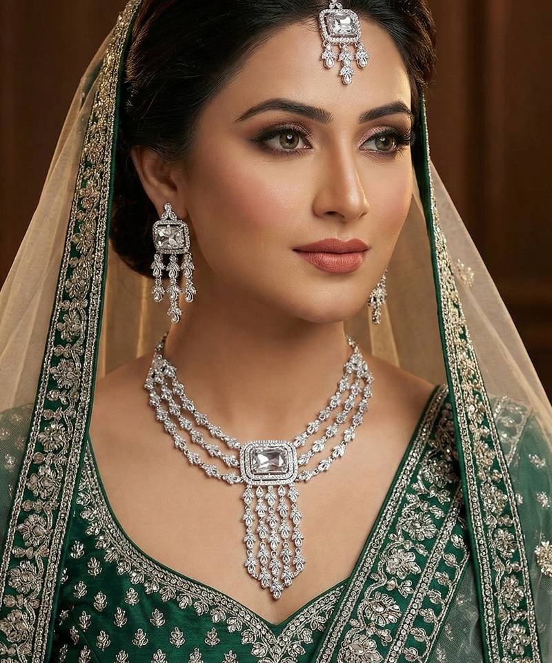 White rhodium premium designer american diamond and stone work necklace set