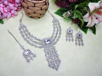 White rhodium premium designer american diamond and stone work necklace set 2