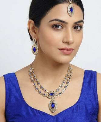Blue yellow gold premium designer american diamond and stone work necklace set 1