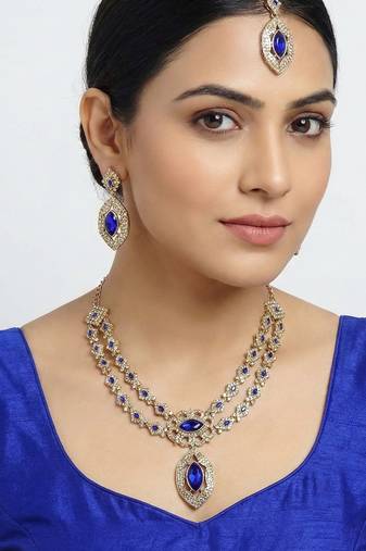 Blue yellow gold premium designer american diamond and stone work necklace set