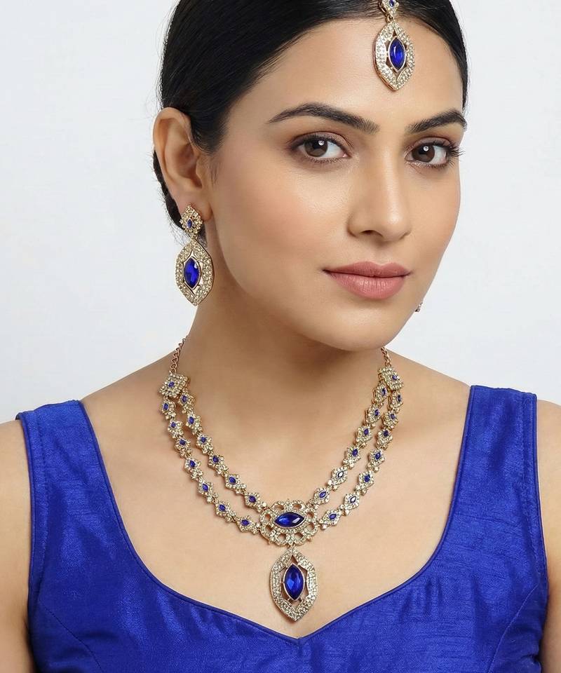 Blue yellow gold premium designer american diamond and stone work necklace set